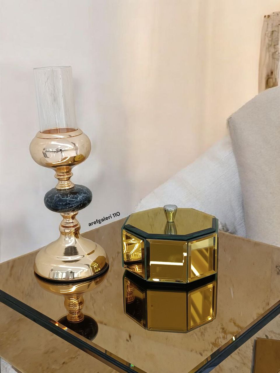 خرید و قیمت قندان - هشت ضلعی - تمام اینه طلایی -13.5*13.5* 7.5 - شیک و مدرن